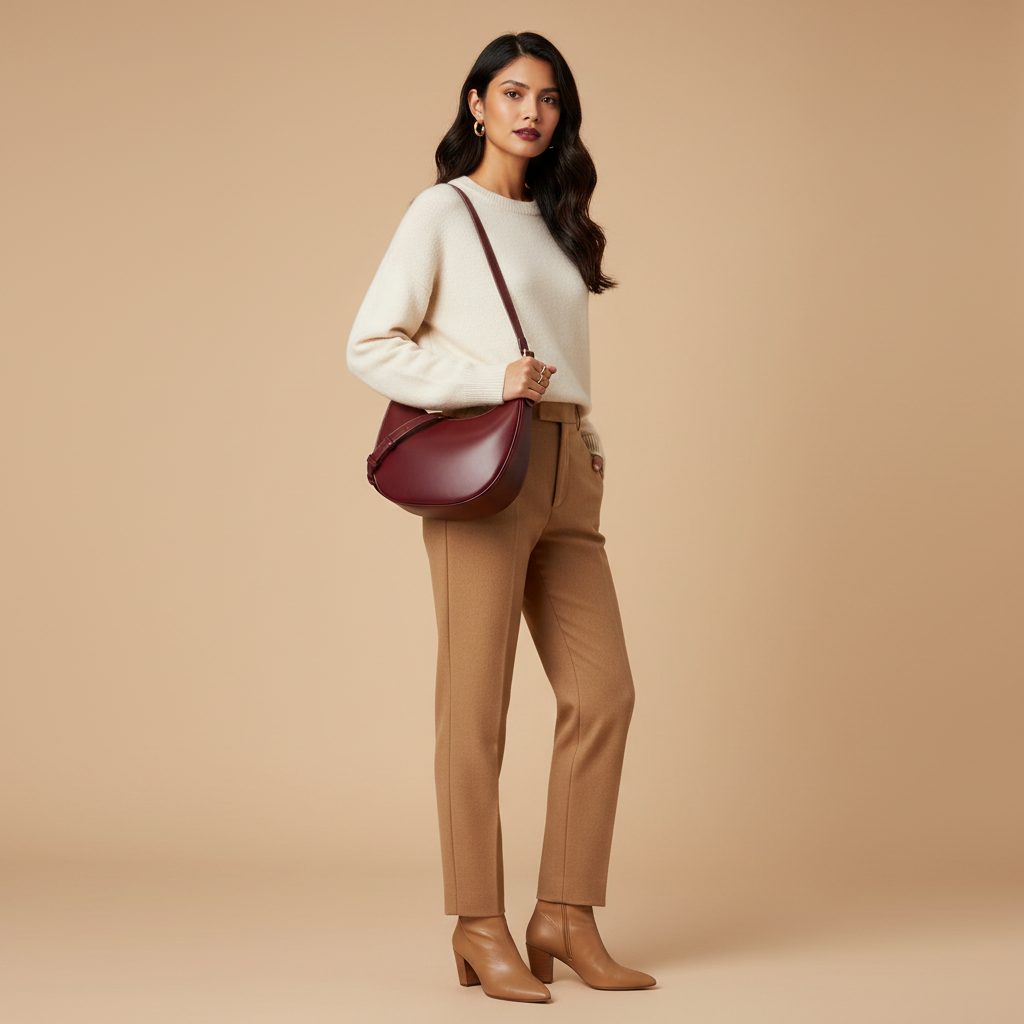 Burgundy Crescent Hobo Bag with Model