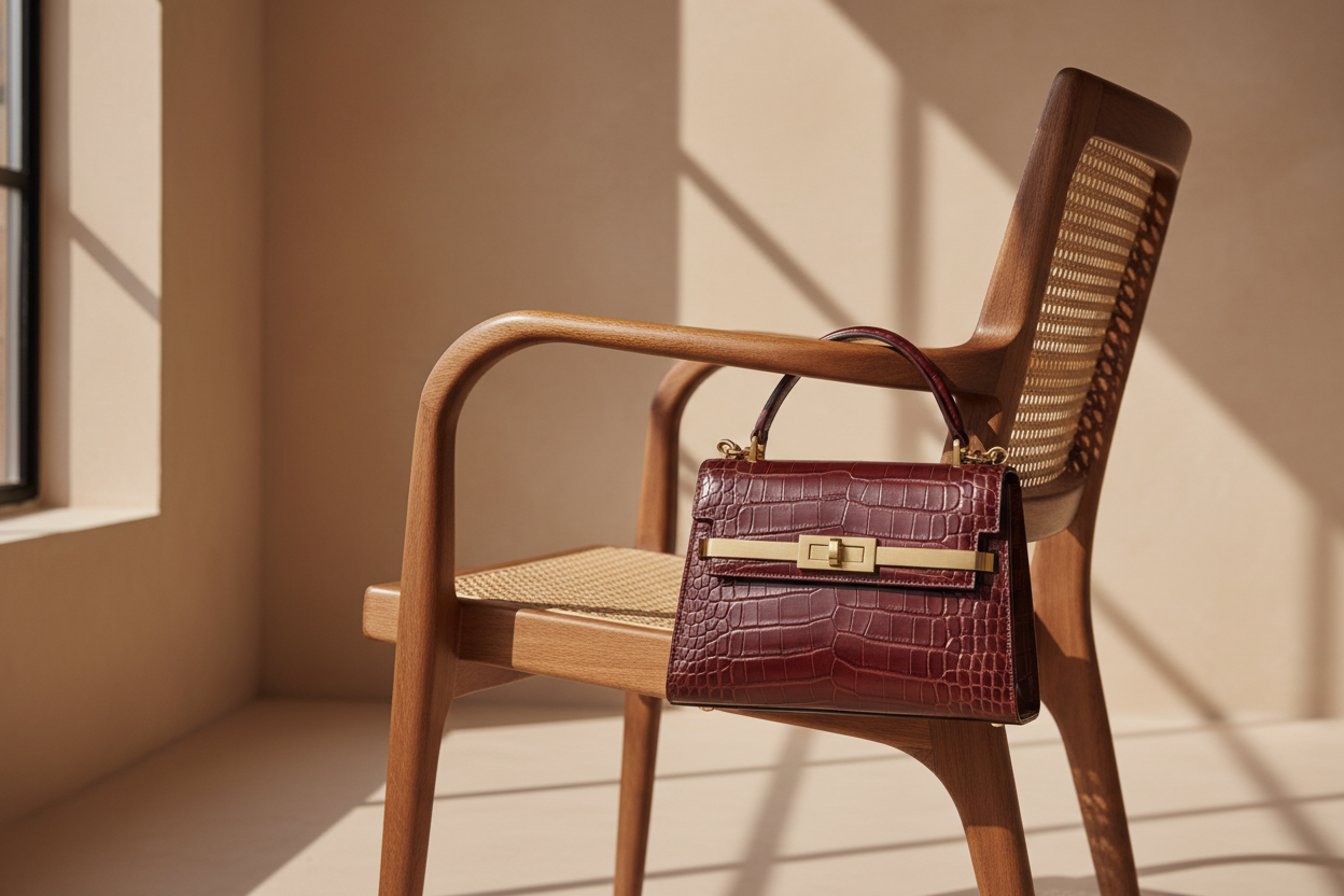 HAUL – Burgundy Crocodile Bag on Chair