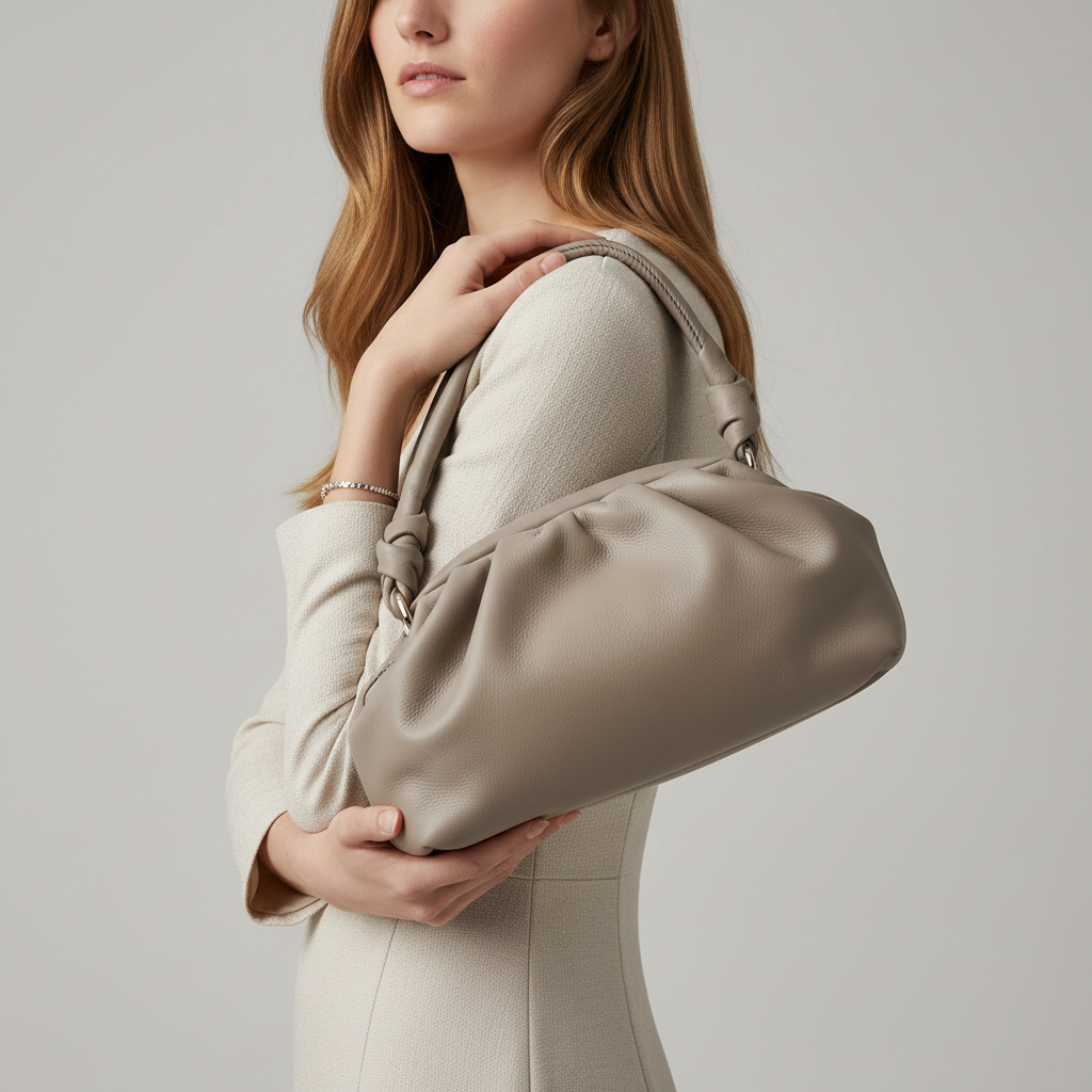 Elegant female model carrying Blossom Pouch gathered leather bag in Stone Grey