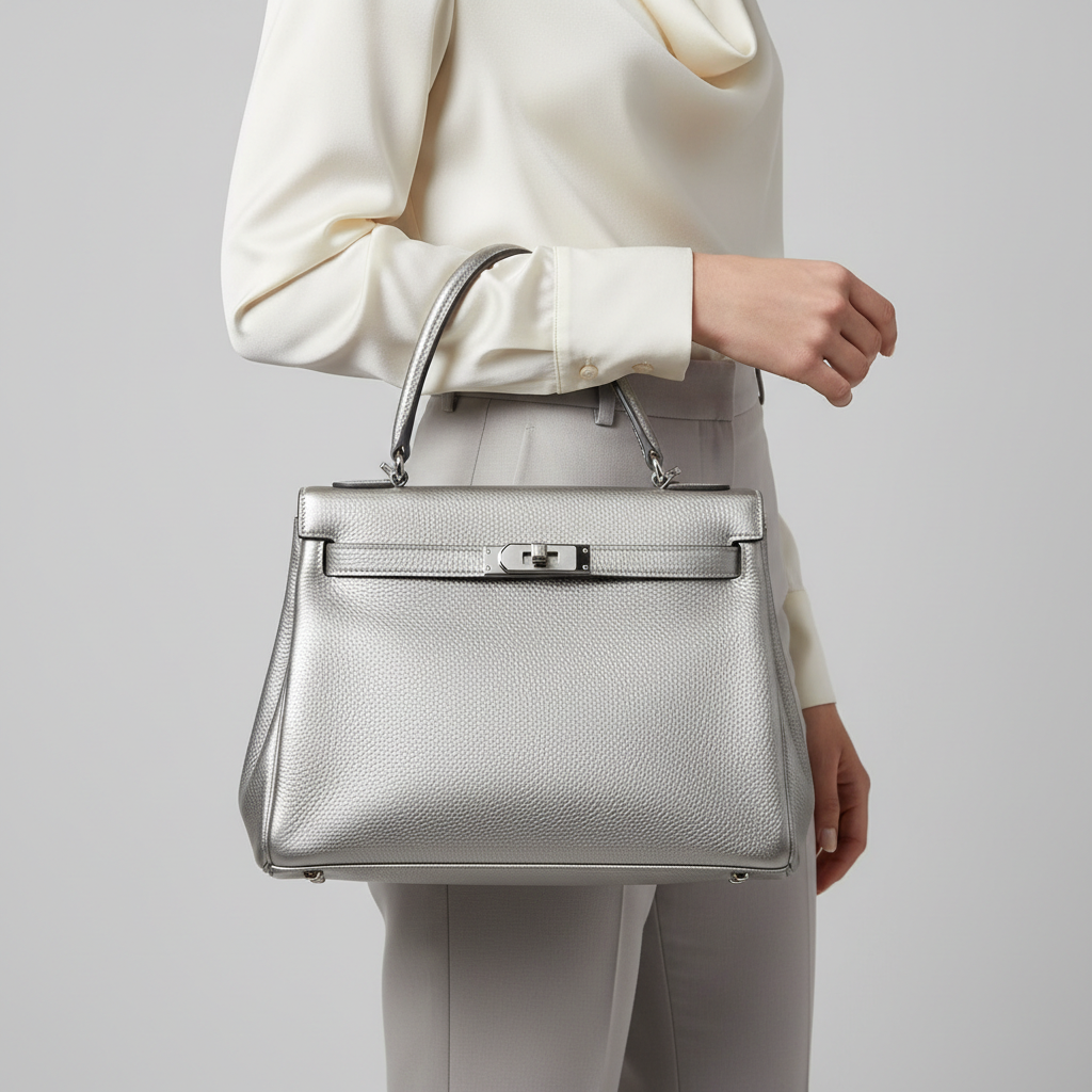 Elegant female model carrying Timeless Charm luxury handbag in Ice Silver