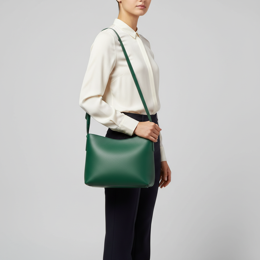 Elegant female model carrying Sophisticated Knot shoulder bag in Emerald Green