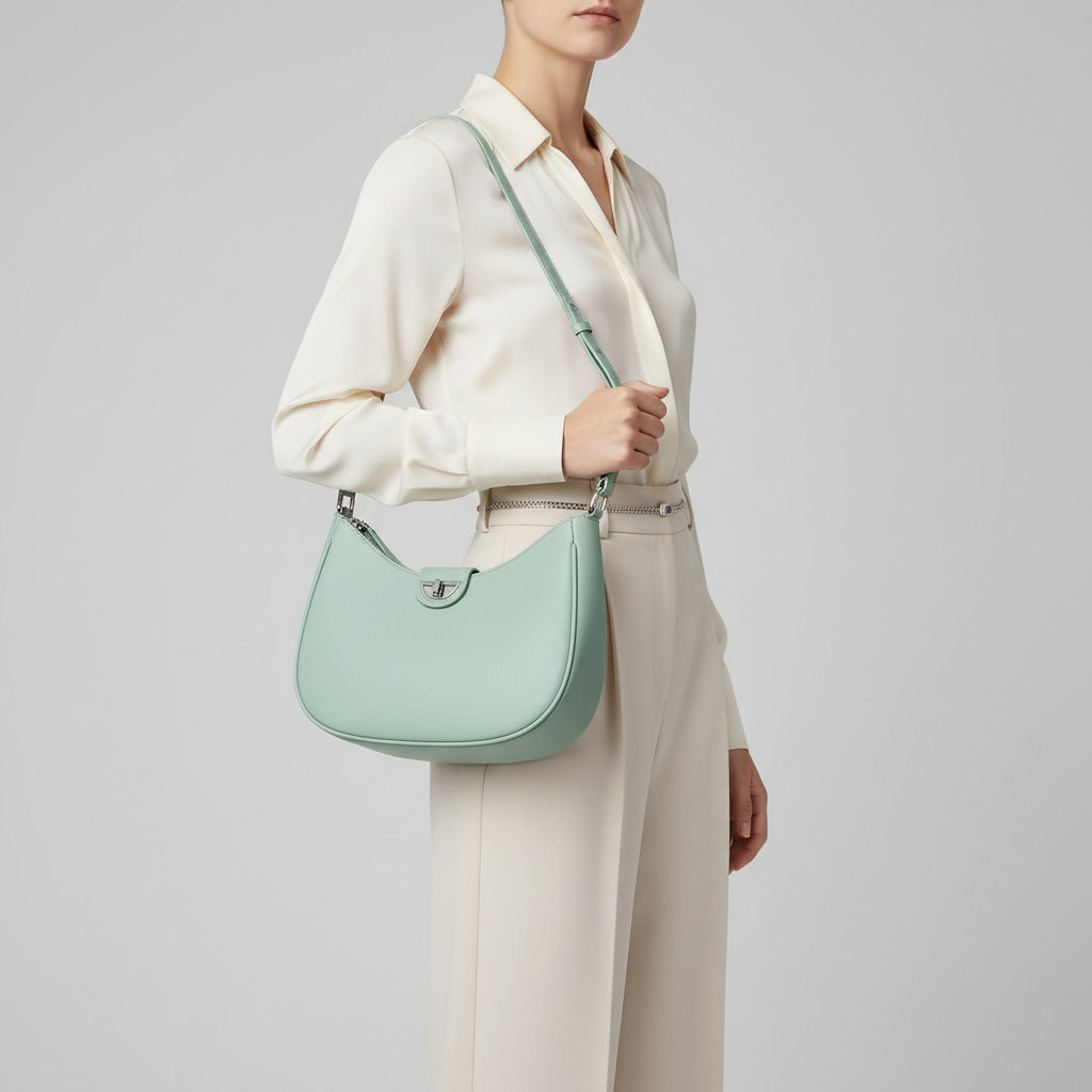 Female model carrying Refined Curve in Mint Green