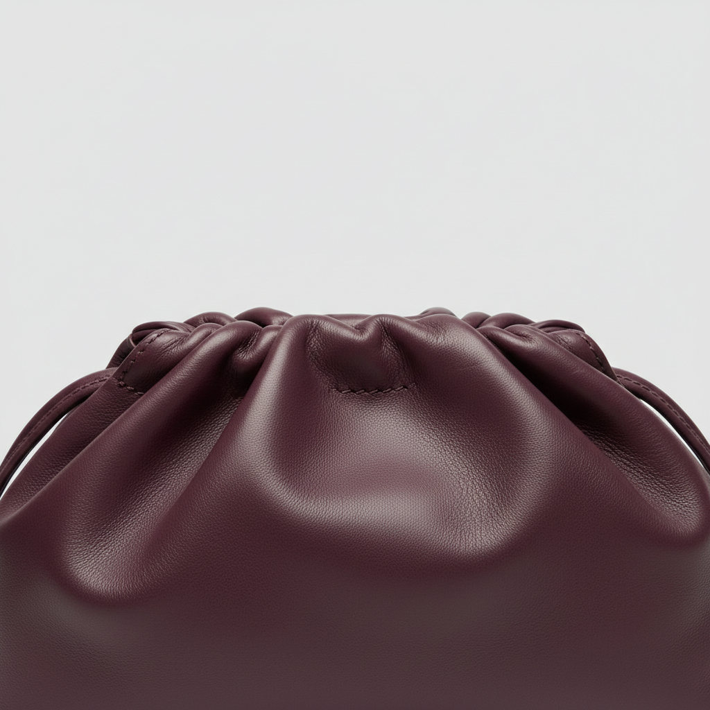 Blossom Pouch gathered leather bag in Deep Plum - leather detail close-up