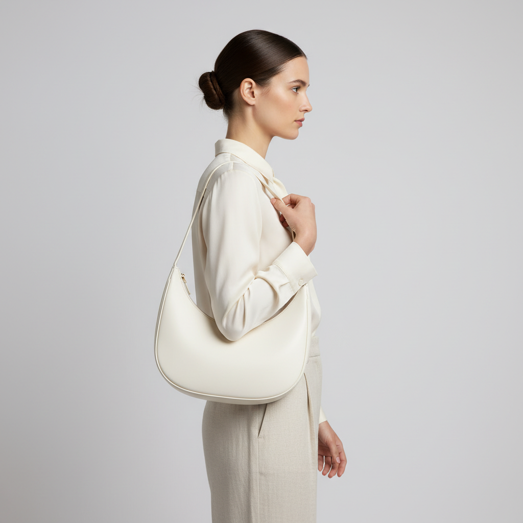Heritage Curve luxury curved handbag in Frost White – female model carrying bag