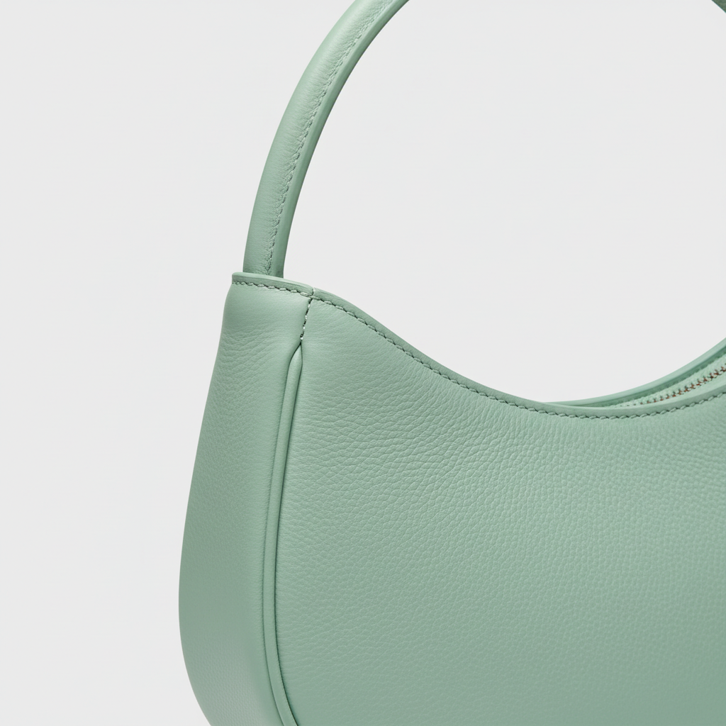 Serene Curve curved shoulder bag in Mint Green - leather detail close-up