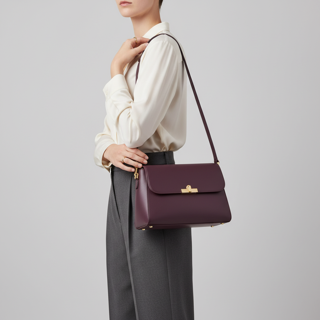 Female model carrying Modern Bloom in Deep Plum