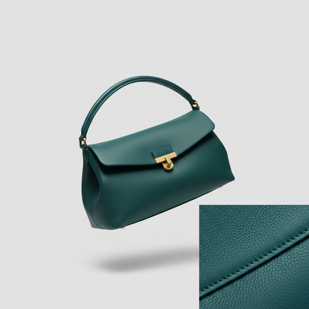 Elegant Motion luxury handbag in Emerald Teal – leather detail close-up