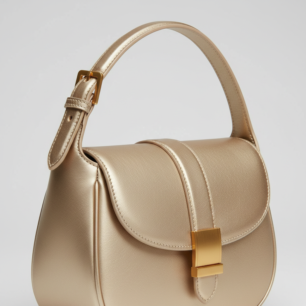 Refined Curve in Champagne Gold – Leather detail close-up