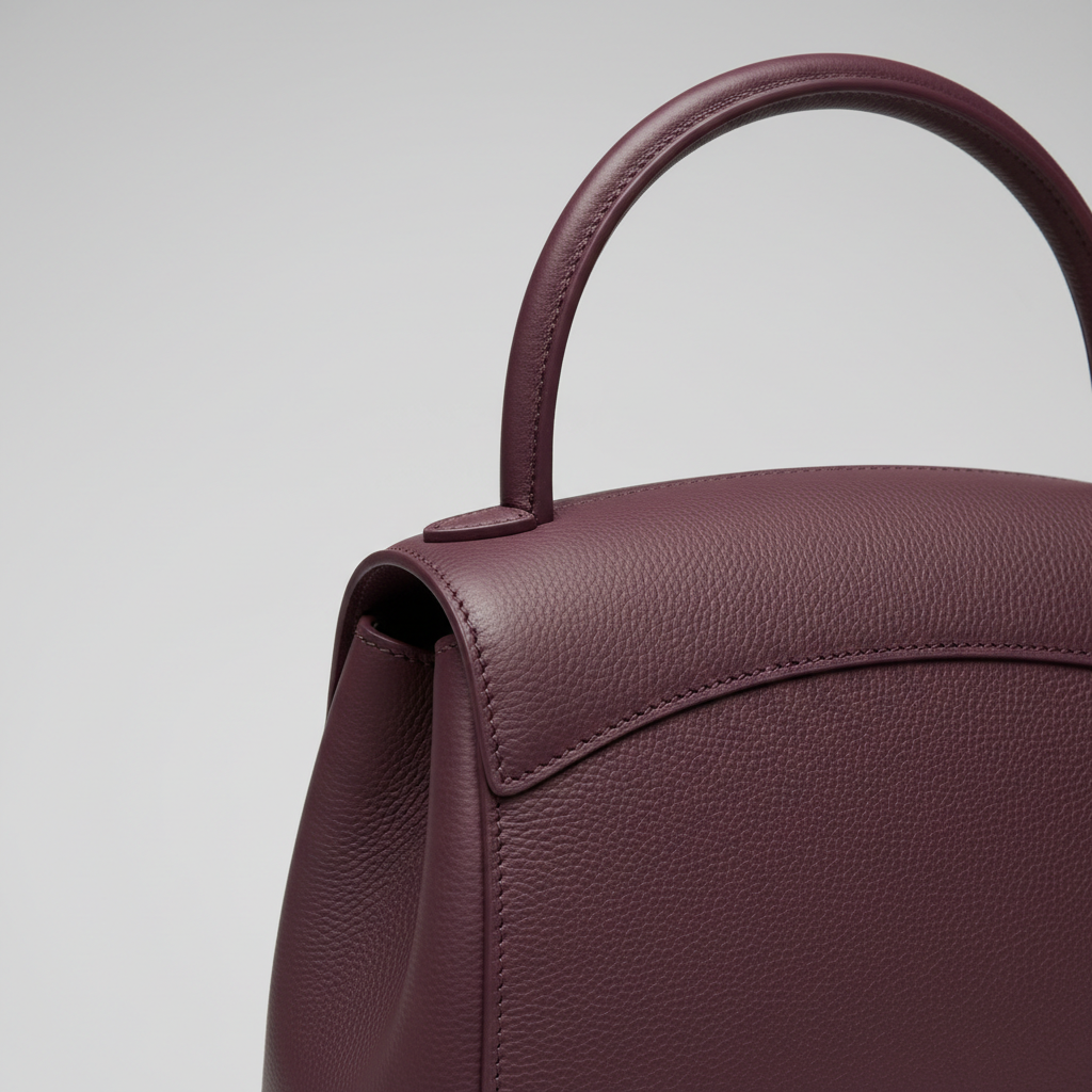 Heritage Curve luxury curved handbag in Deep Plum – leather detail close-up