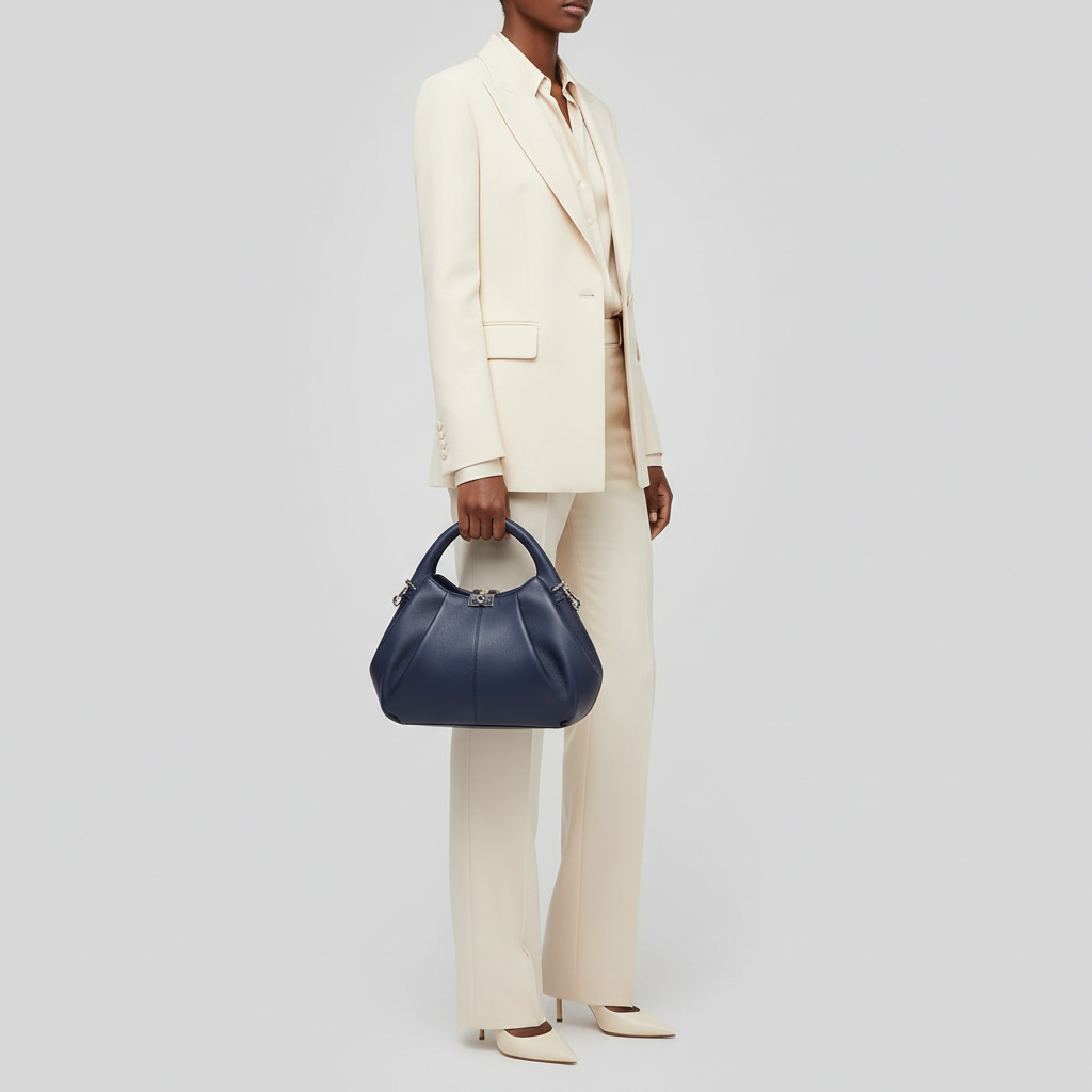 Female model carrying Luxe Motion in Midnight Indigo