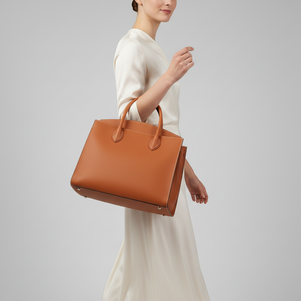 Elegant Motion luxury handbag in Burnt Sienna – female model carrying bag