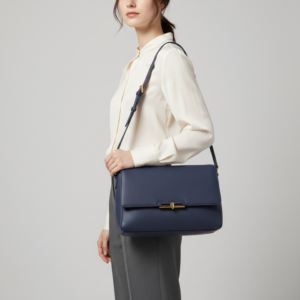 Luxe Harmony luxury shoulder bag in Midnight Indigo – female model carrying bag