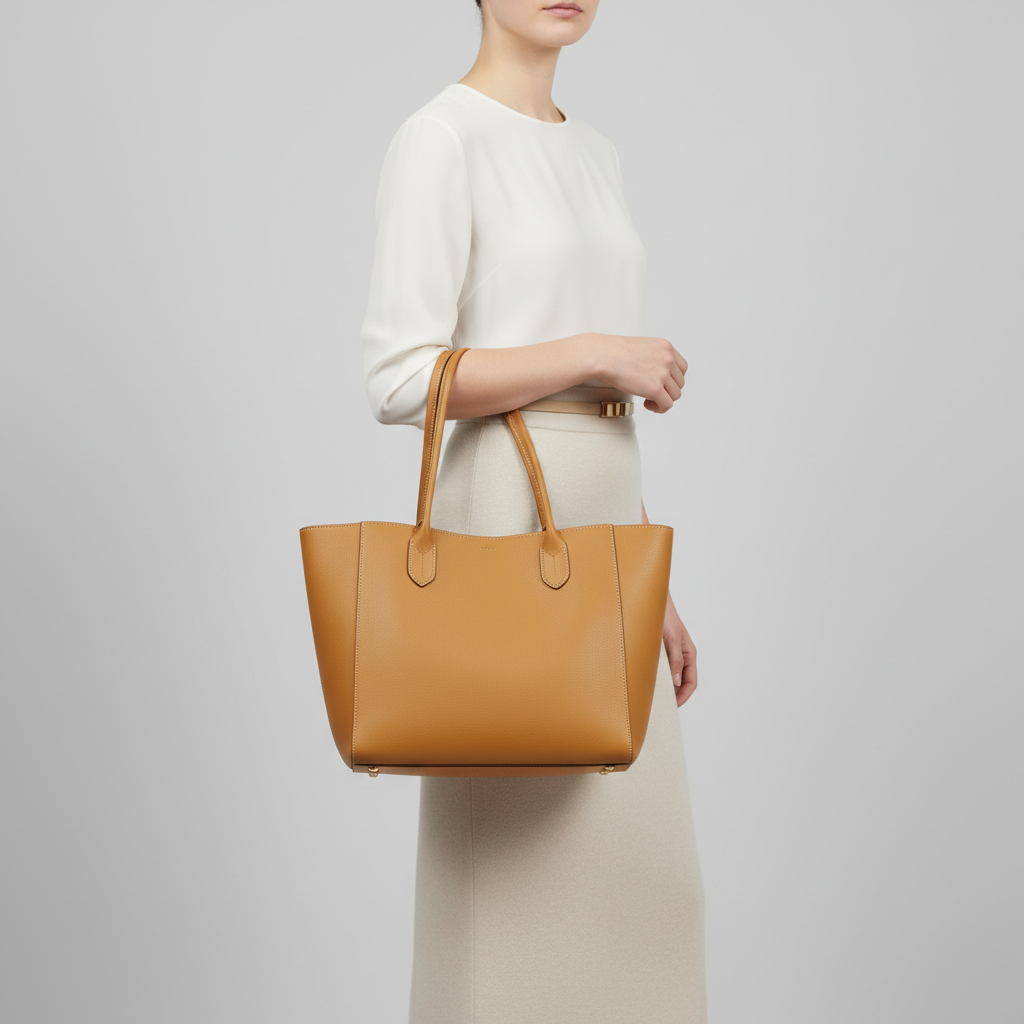 Female model carrying Grace Tote in Amber Gold