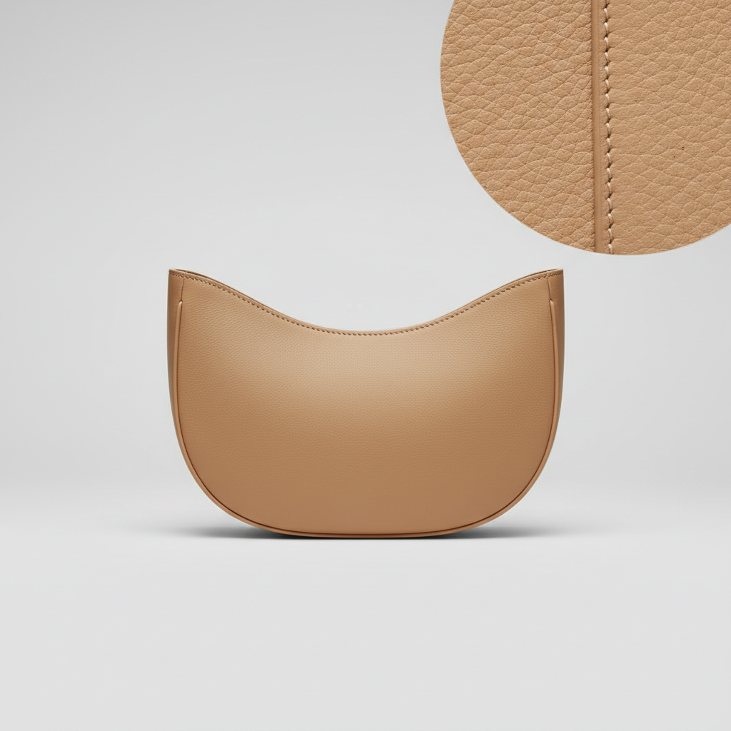 Serene Curve curved shoulder bag in Sand Beige - leather detail close-up