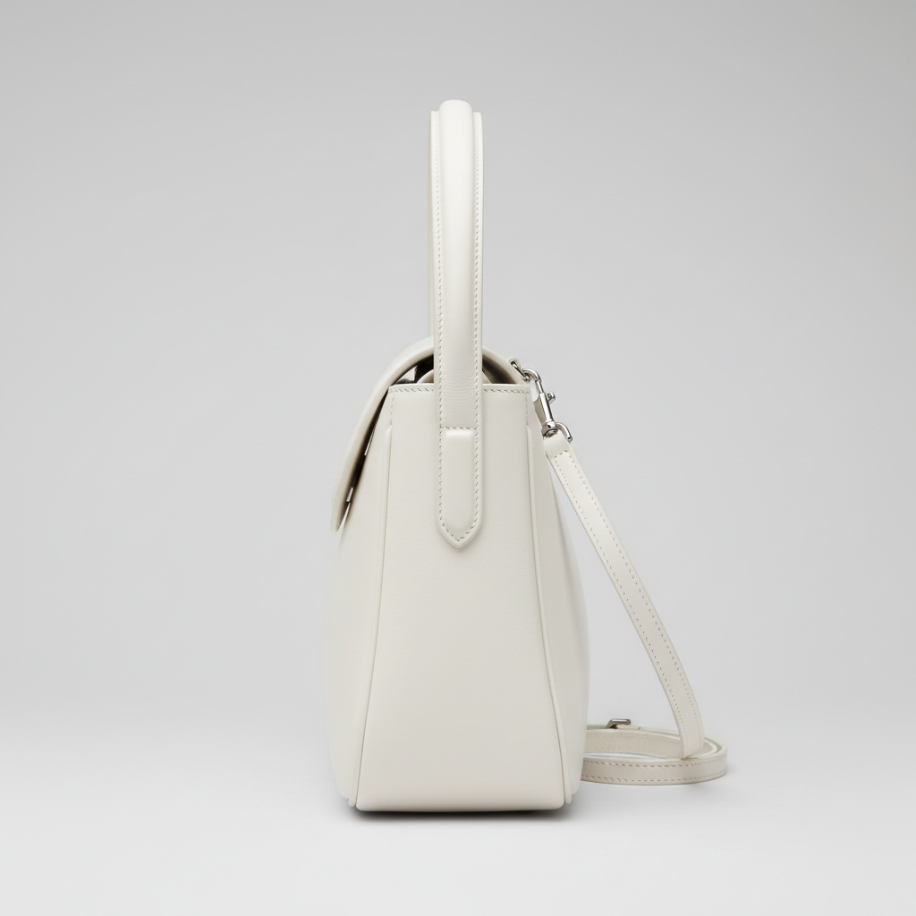 Heritage Curve luxury curved handbag in Frost White – side view