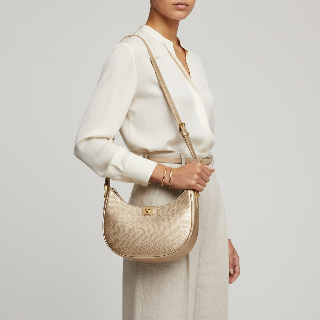 Female model carrying Refined Curve in Champagne Gold