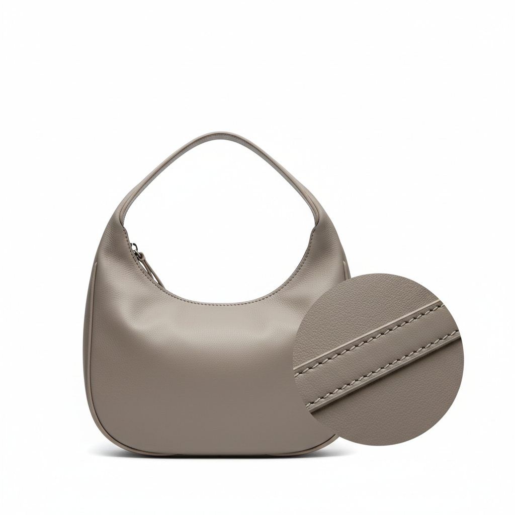 Crescent Hobo Bag – Stone Grey – Leather Detail