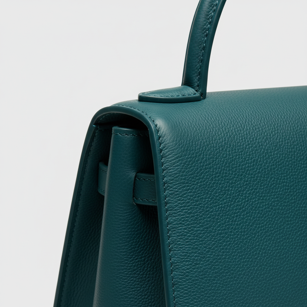Refined Aura premium handbag in Ocean Teal - leather detail close-up