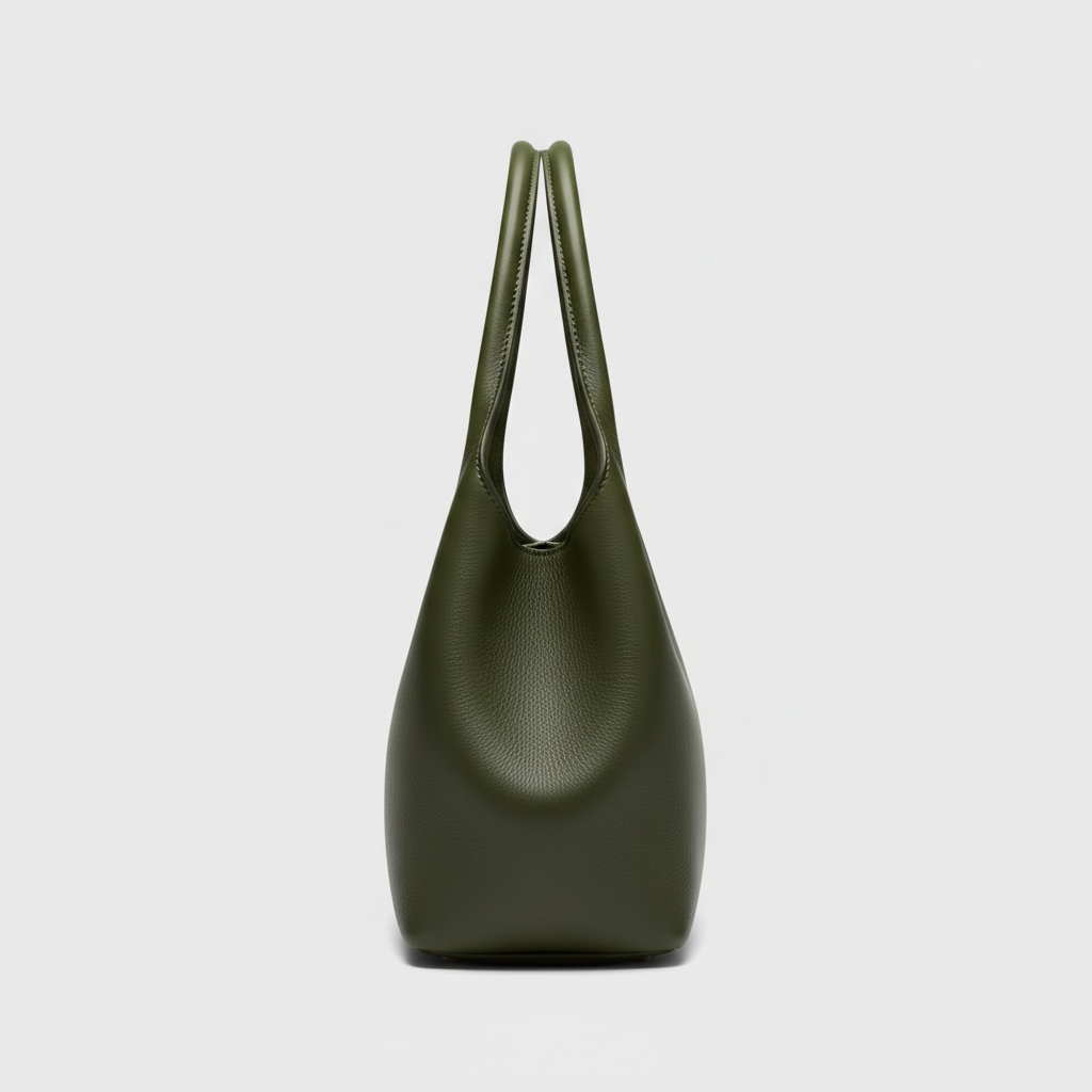 Graceful Carry premium leather tote bag in Forest Olive - side view