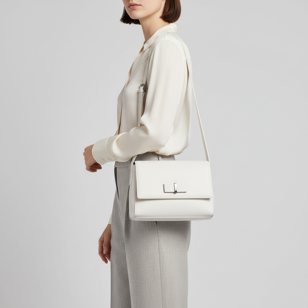 Elegant female model carrying Sophisticated Knot shoulder bag in Frost White