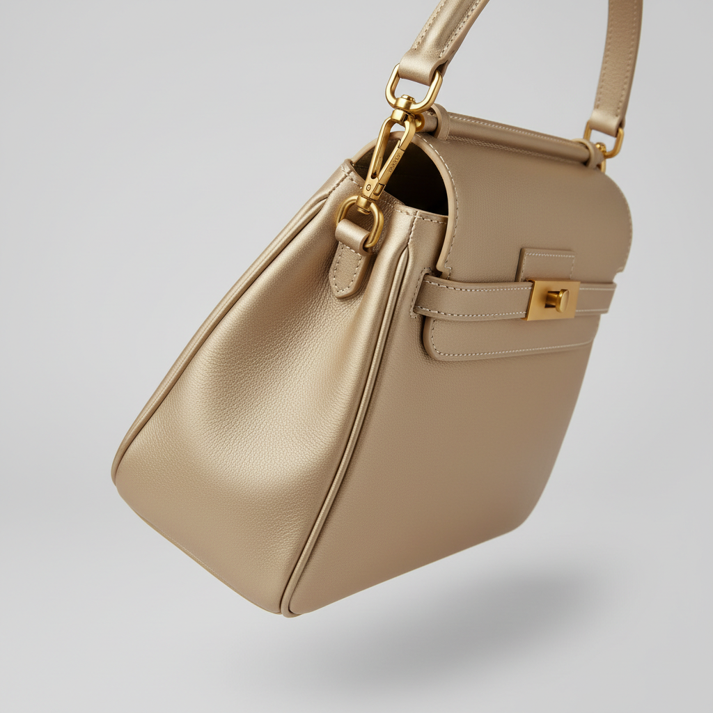 Elegant Motion luxury handbag in Champagne Gold – leather detail close-up