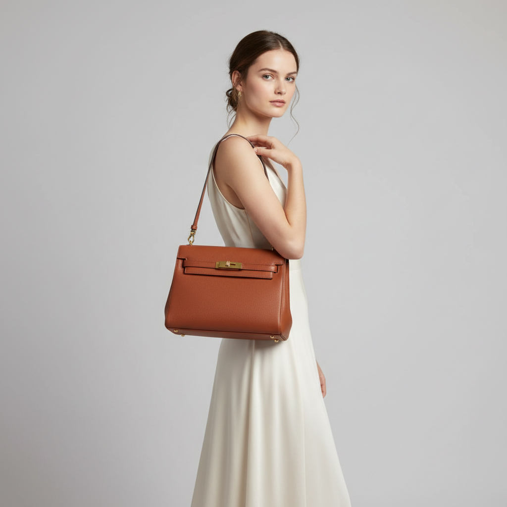 Modern Aura luxury handbag in Cinnamon Copper – female model carrying bag