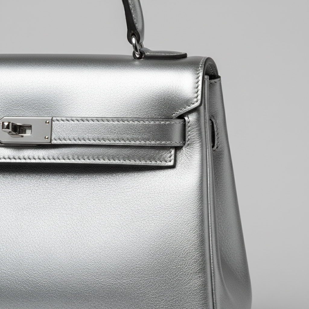 Timeless Charm luxury handbag in Ice Silver - leather detail close-up
