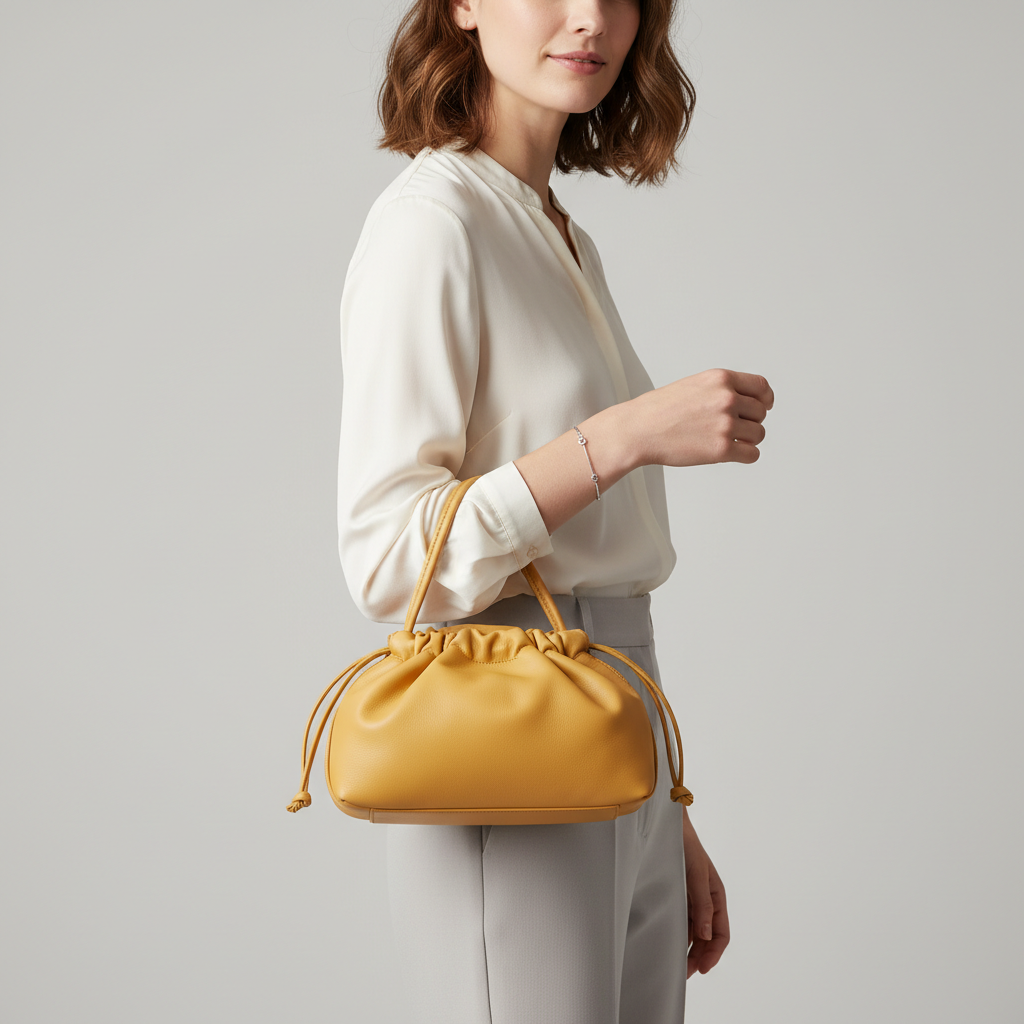 Elegant female model carrying Blossom Pouch gathered leather bag in Butter Yellow