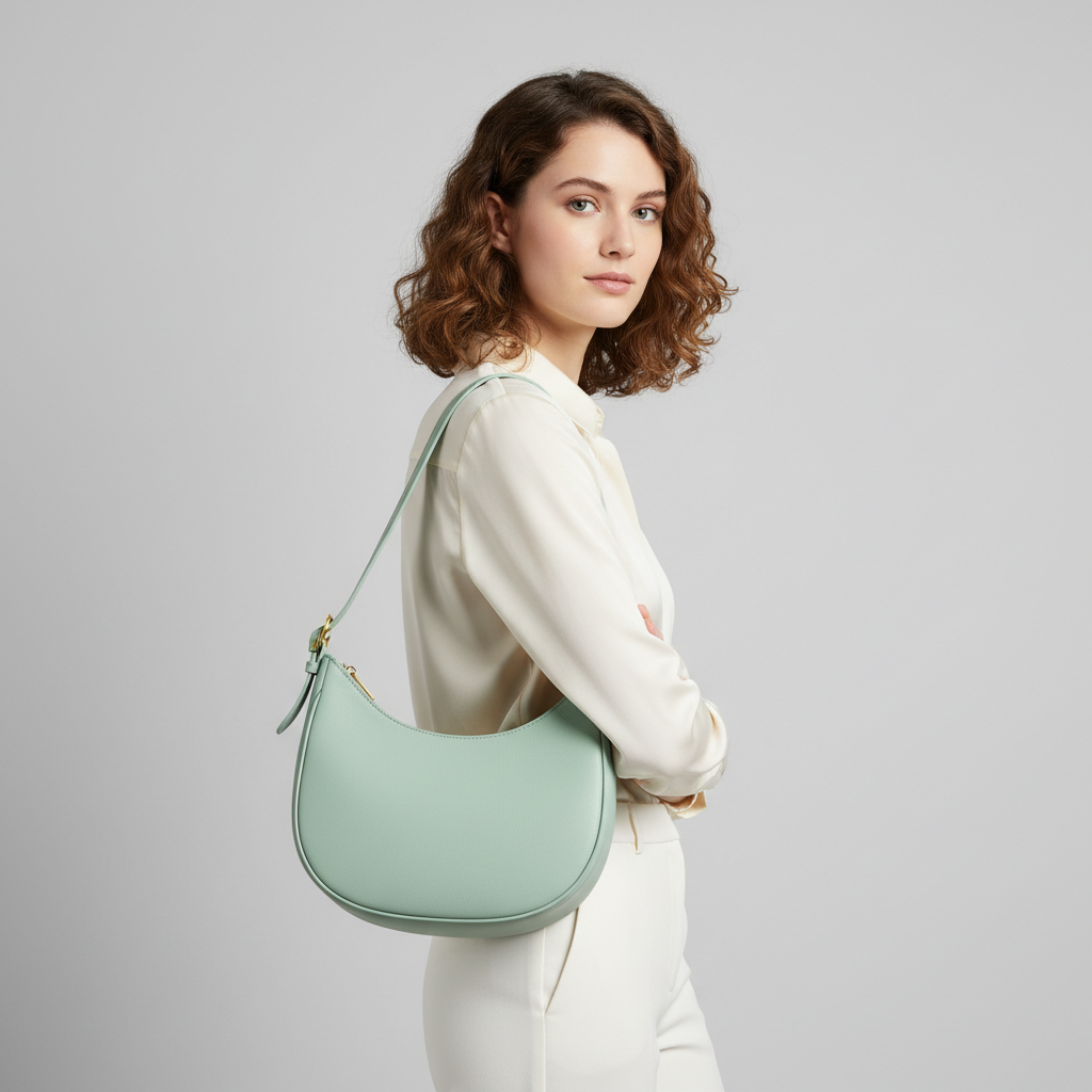 Elegant female model carrying Serene Curve curved shoulder bag in Mint Green