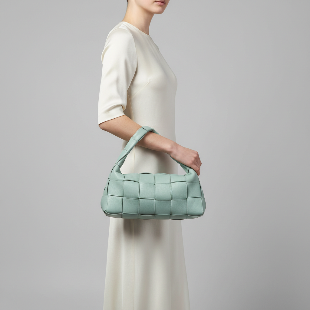 Stylish Fold woven leather handbag in Aqua Mist – female model carrying bag