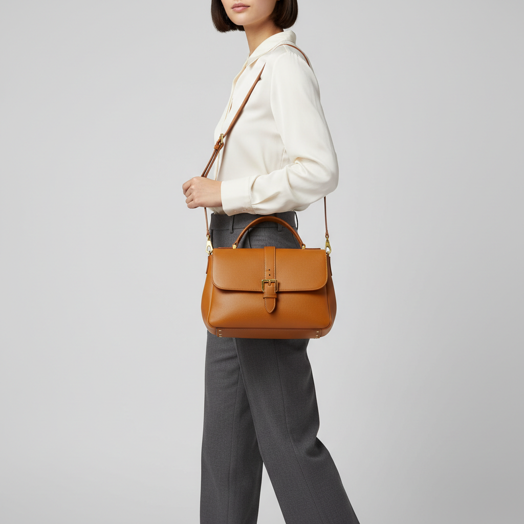 Luxe Harmony luxury shoulder bag in Amber Gold – female model carrying bag