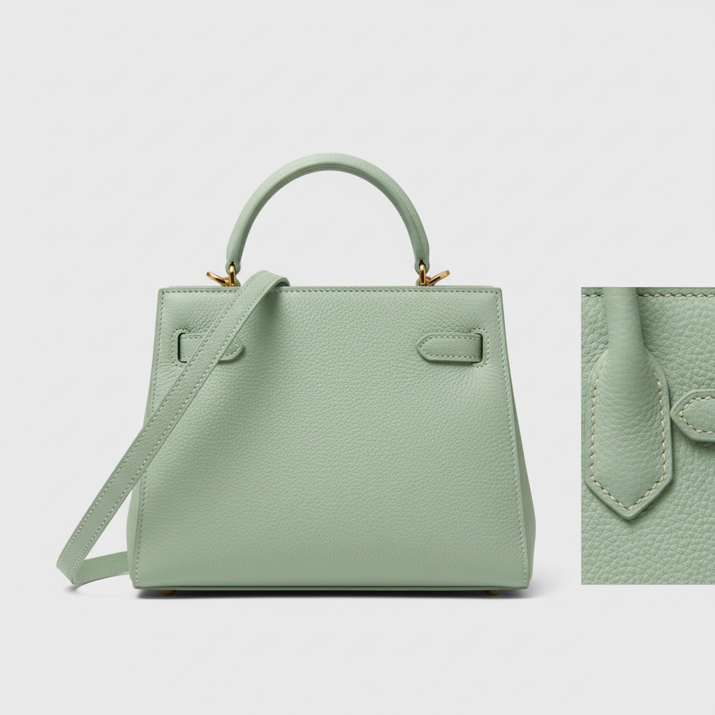 Modern Aura luxury handbag in Mint Green – leather detail close-up