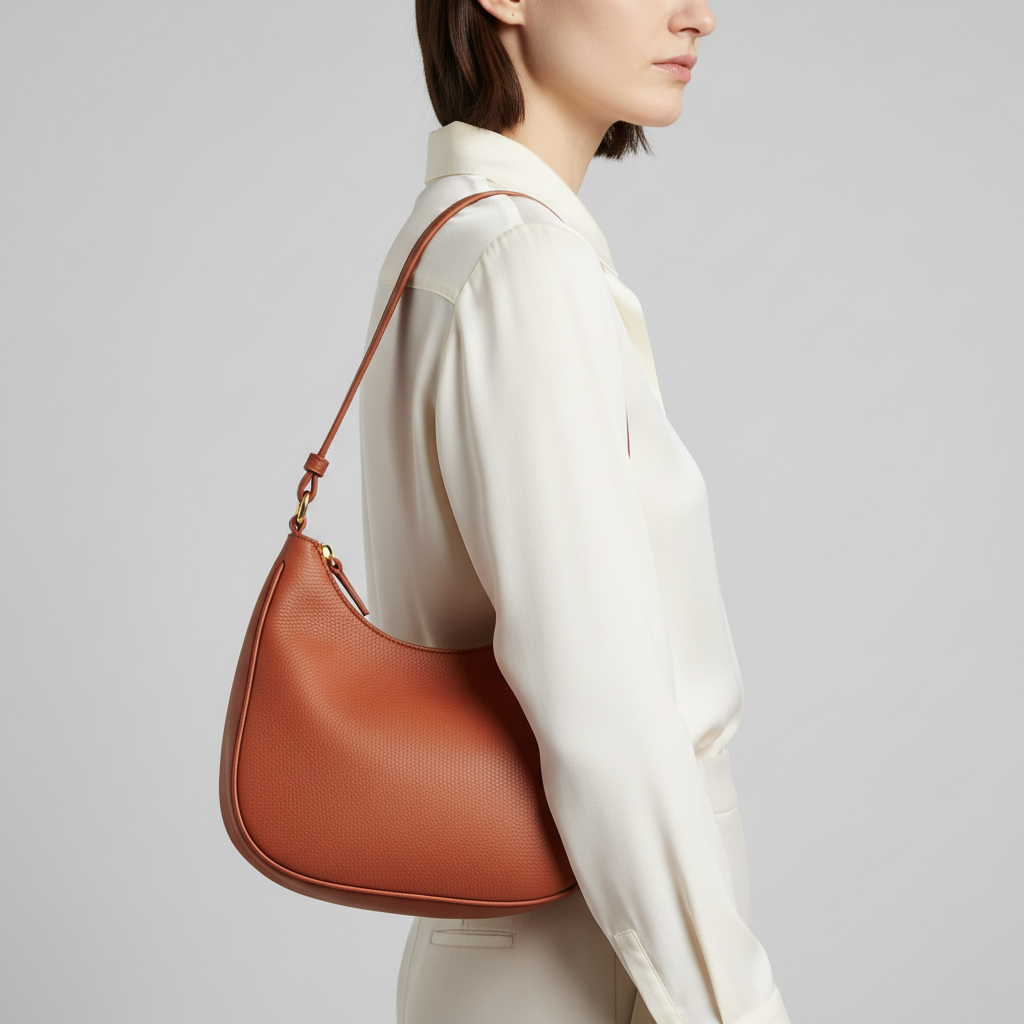 Elegant female model carrying Luxe Harmony luxury shoulder bag in Terracotta Rust