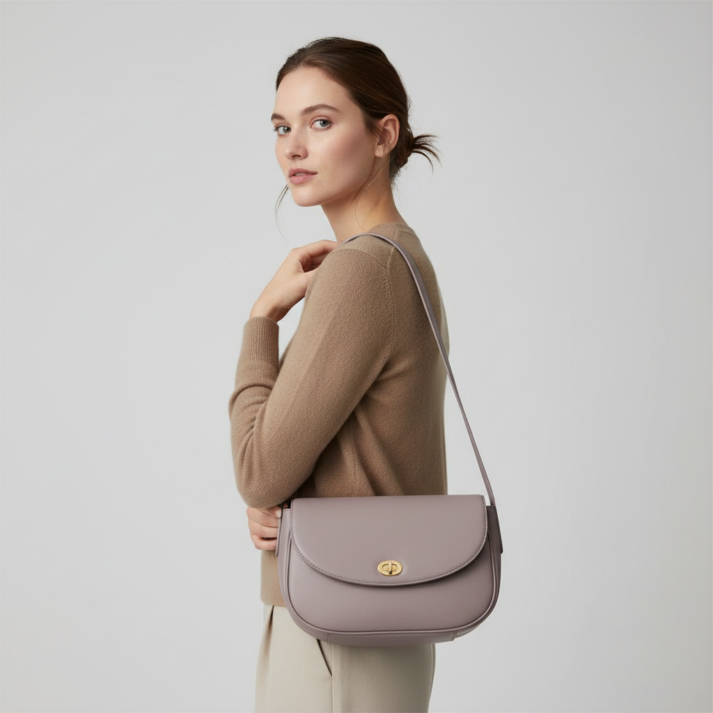 Elegant female model carrying Luxe Harmony luxury shoulder bag in Lavender Grey