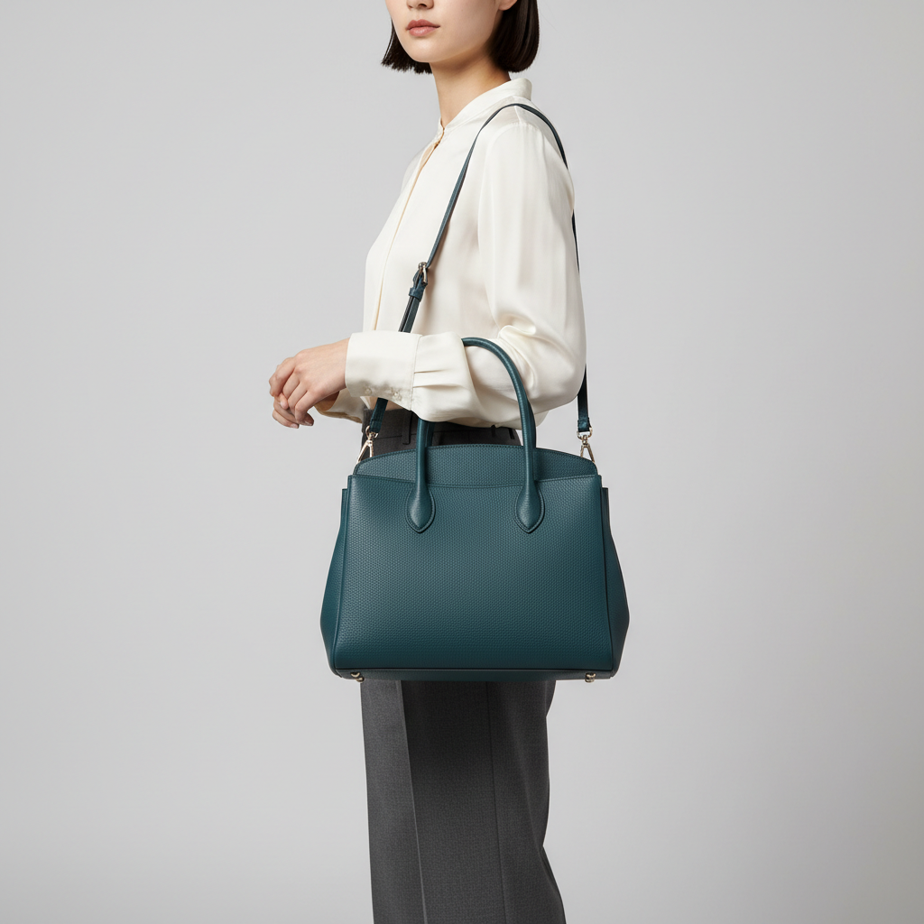 Elegant female model carrying Refined Aura premium handbag in Ocean Teal