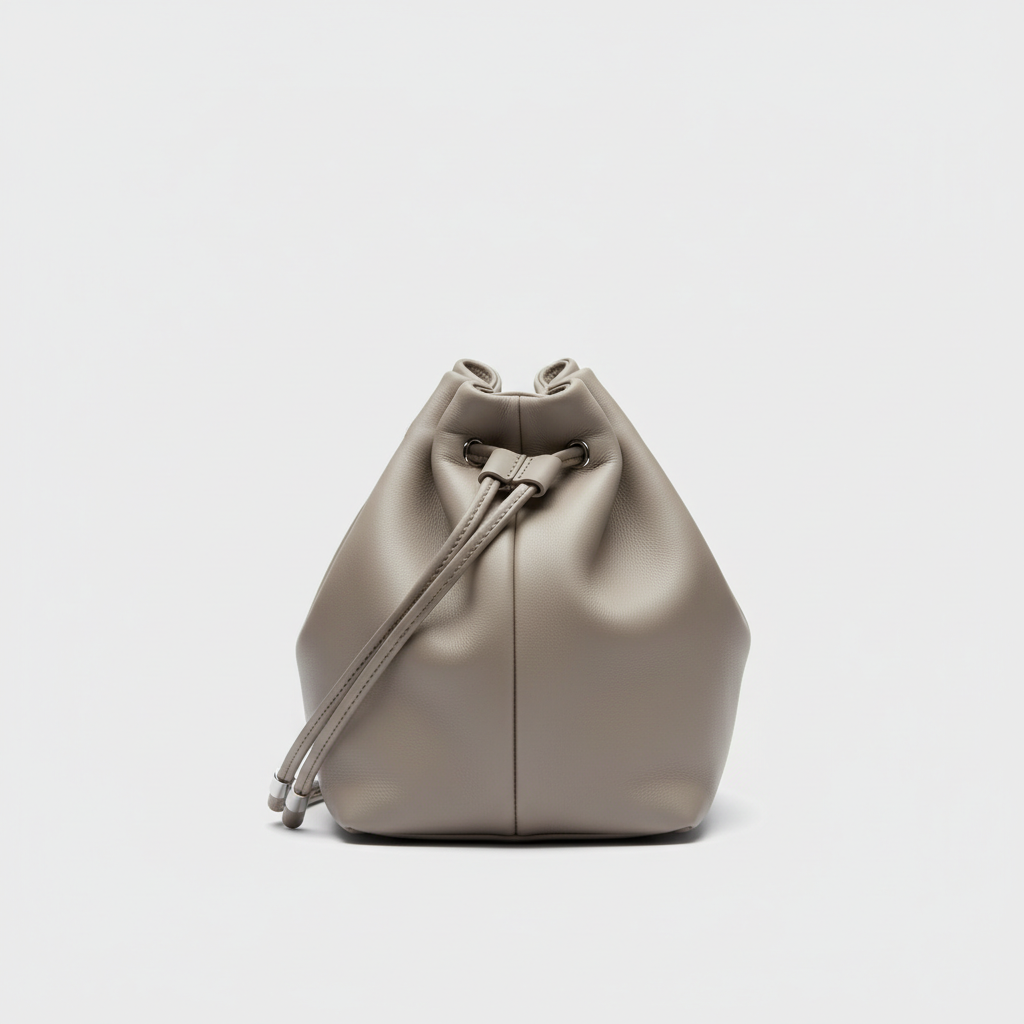 Blossom Pouch gathered leather bag in Stone Grey - side view