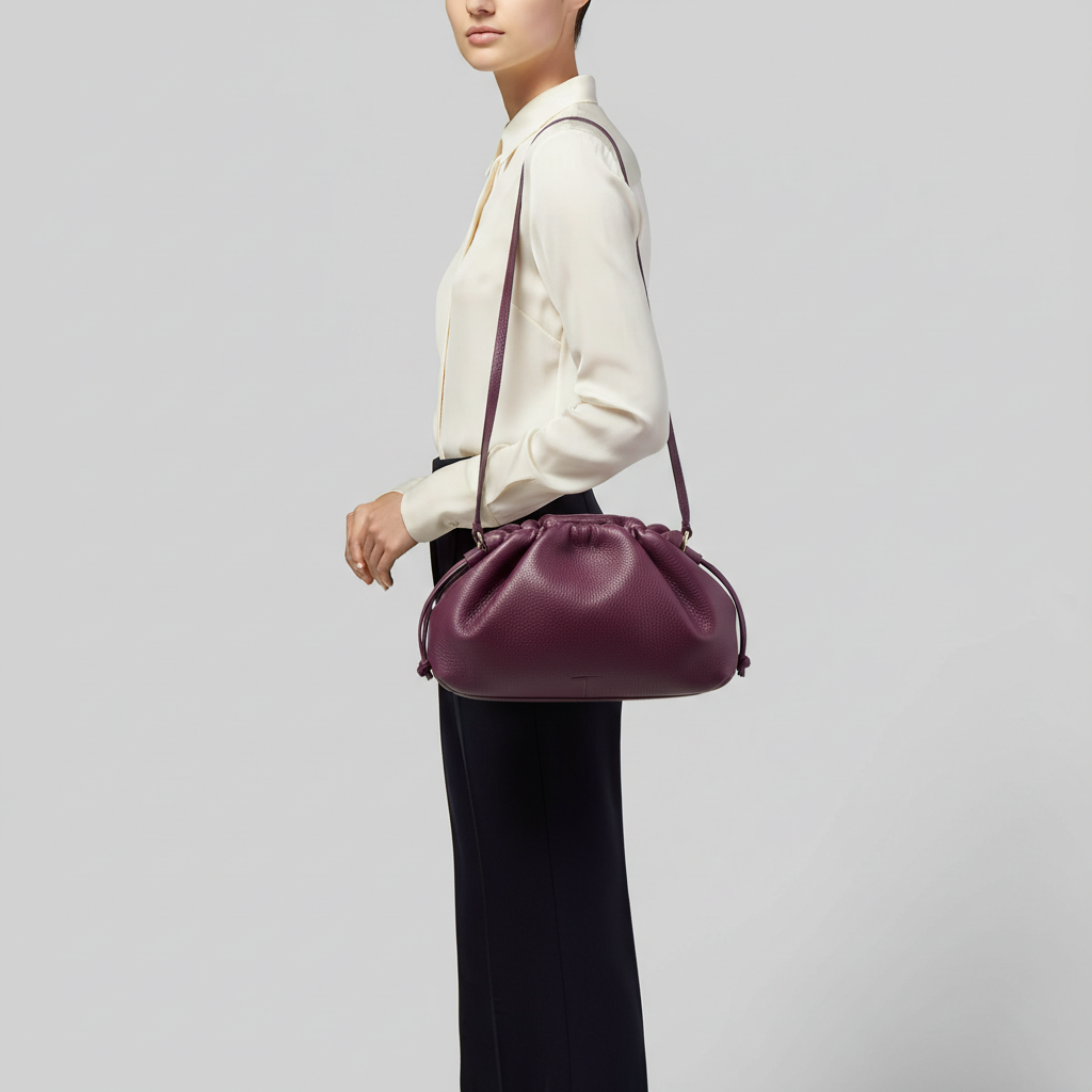 Elegant female model carrying Blossom Pouch gathered leather bag in Deep Plum