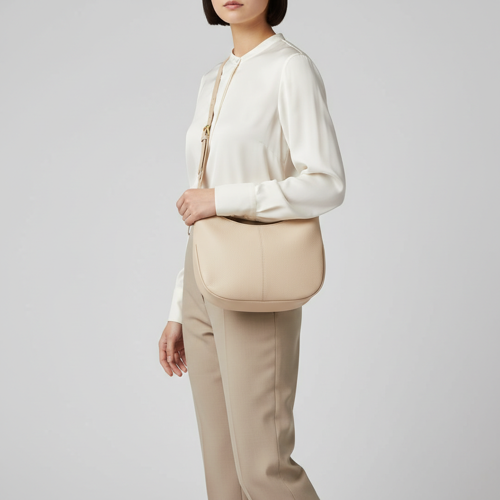 Versatile Sling luxury sling bag in Champagne Cream – female model wearing bag