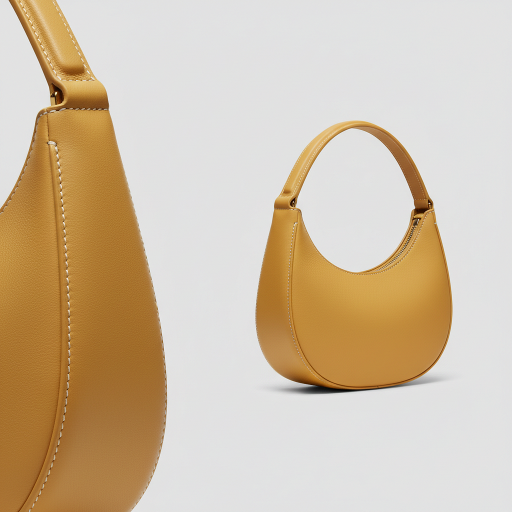 Graceful Gather crescent shoulder bag in Butter Yellow – leather detail close-up